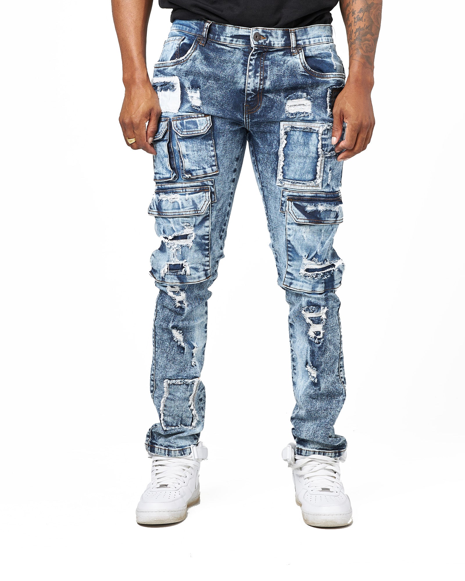 WASHED OUT CARGO REPAIR SLIM FIT JEANS- INDIGO WASH