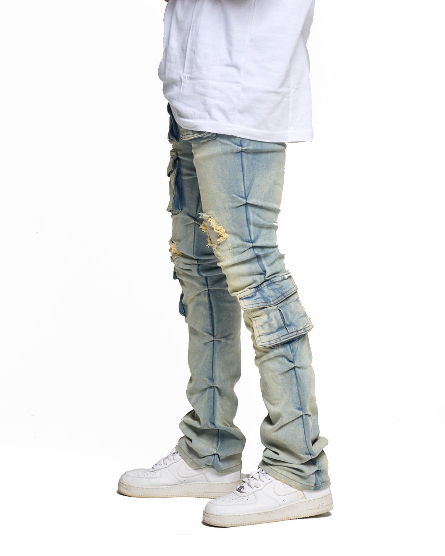 ROUCHED PINCHED STACKED JEAN- VINTAGE WASH