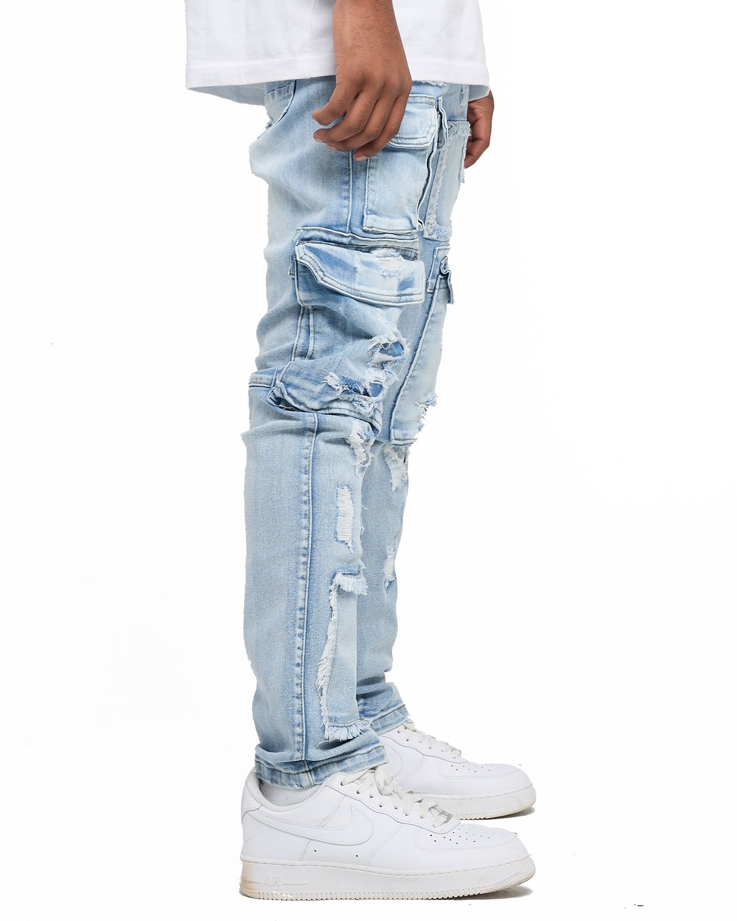 WASHED OUT CARGO REPAIR SLIM FIT JEANS- ICE WASH