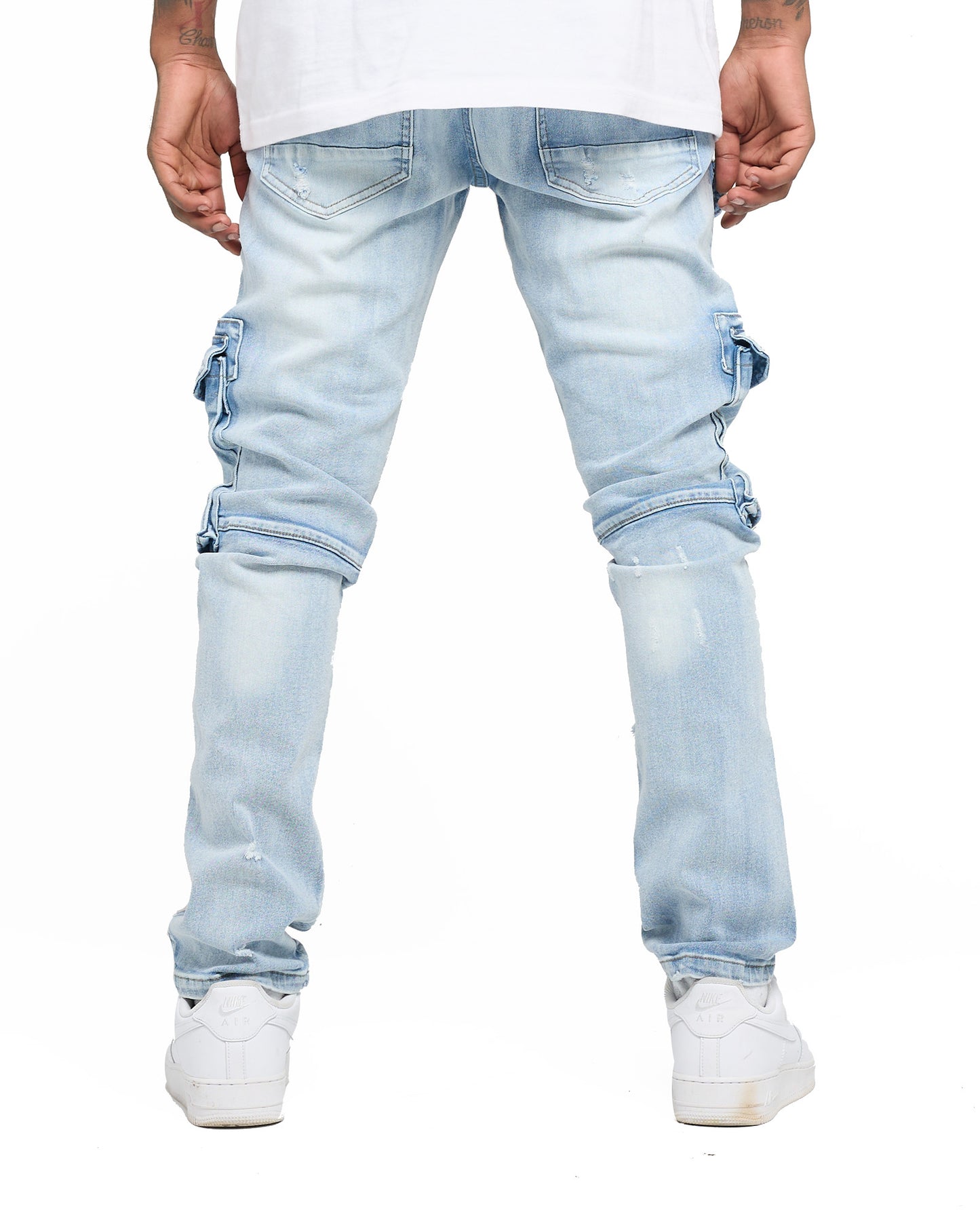 WASHED OUT CARGO REPAIR SLIM FIT JEANS- ICE WASH