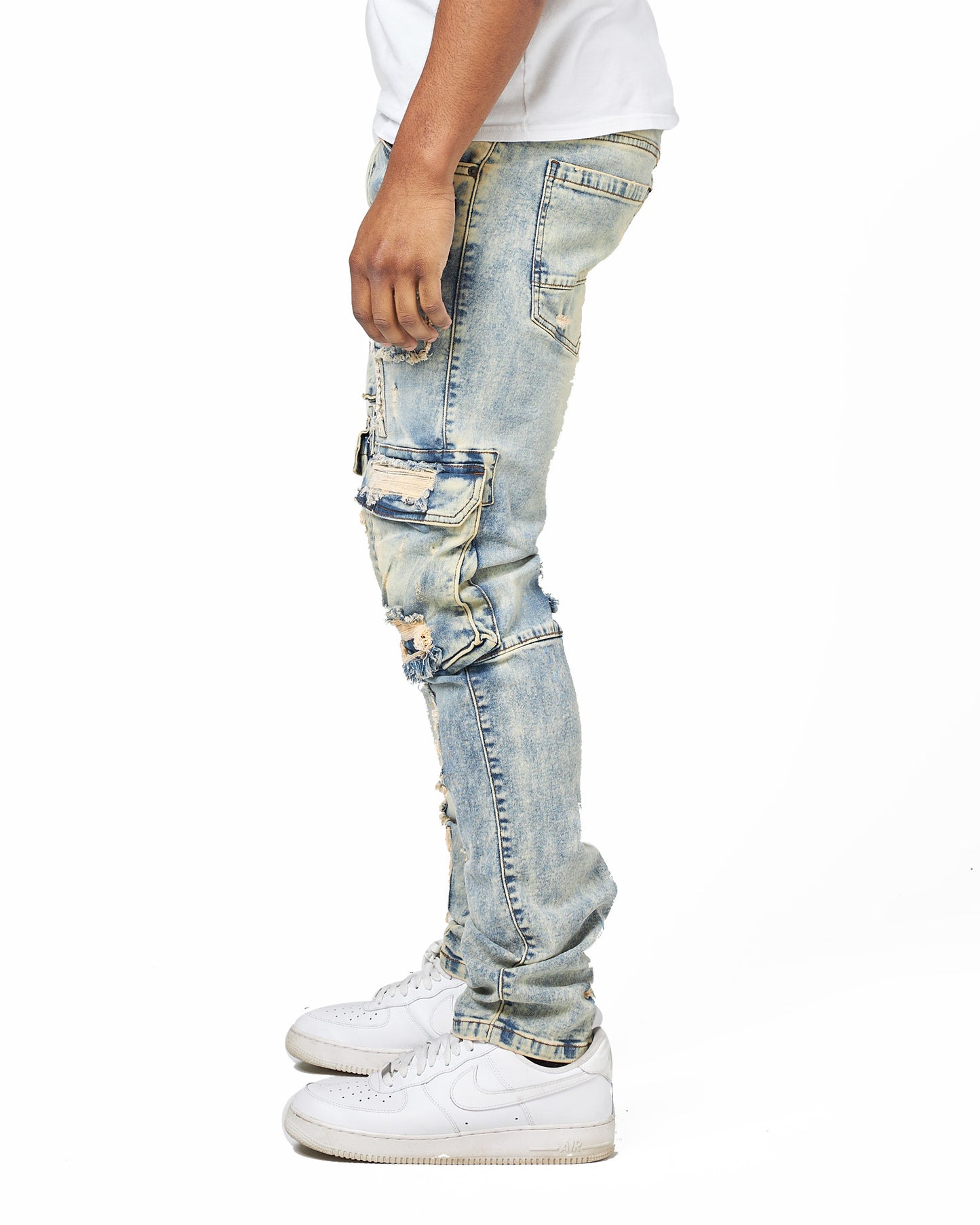 WASHED OUT CARGO REPAIR SLIM FIT JEANS- VINTAGE WASH