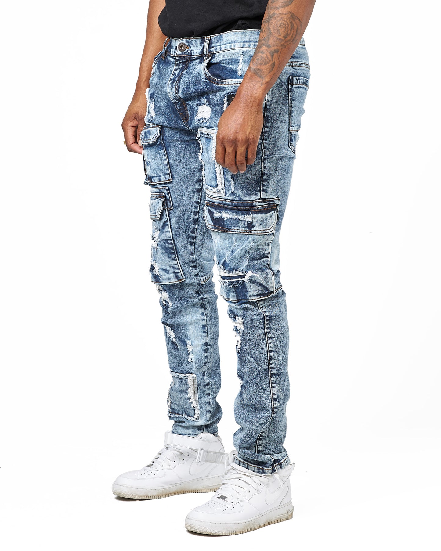 WASHED OUT CARGO REPAIR SLIM FIT JEANS- INDIGO WASH