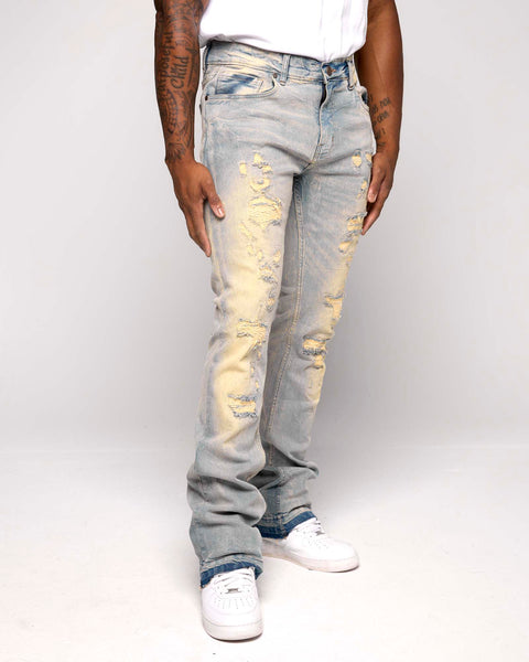 WORN DOWN STACKED FLARE DENIM PANT